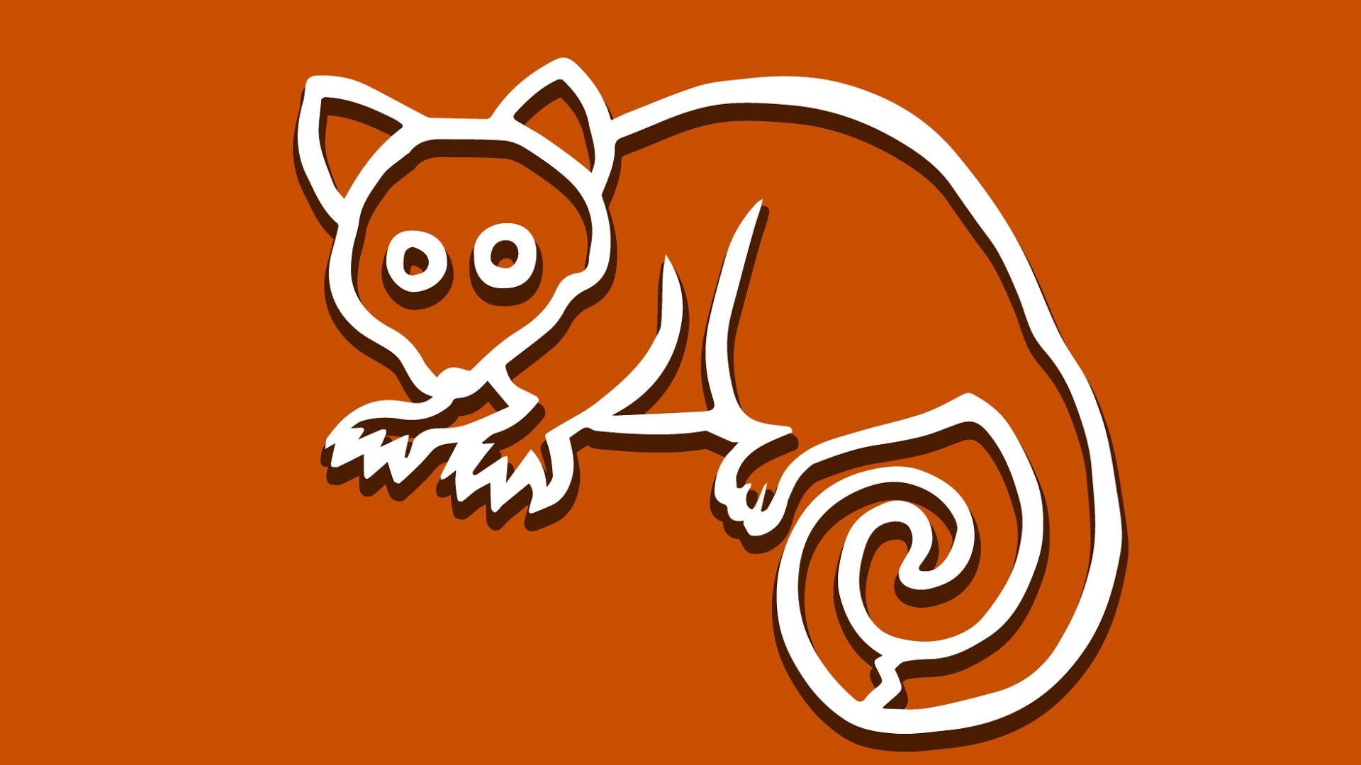 A white outline drawing of a ring-tail possum sits on a red-ochre background. 
