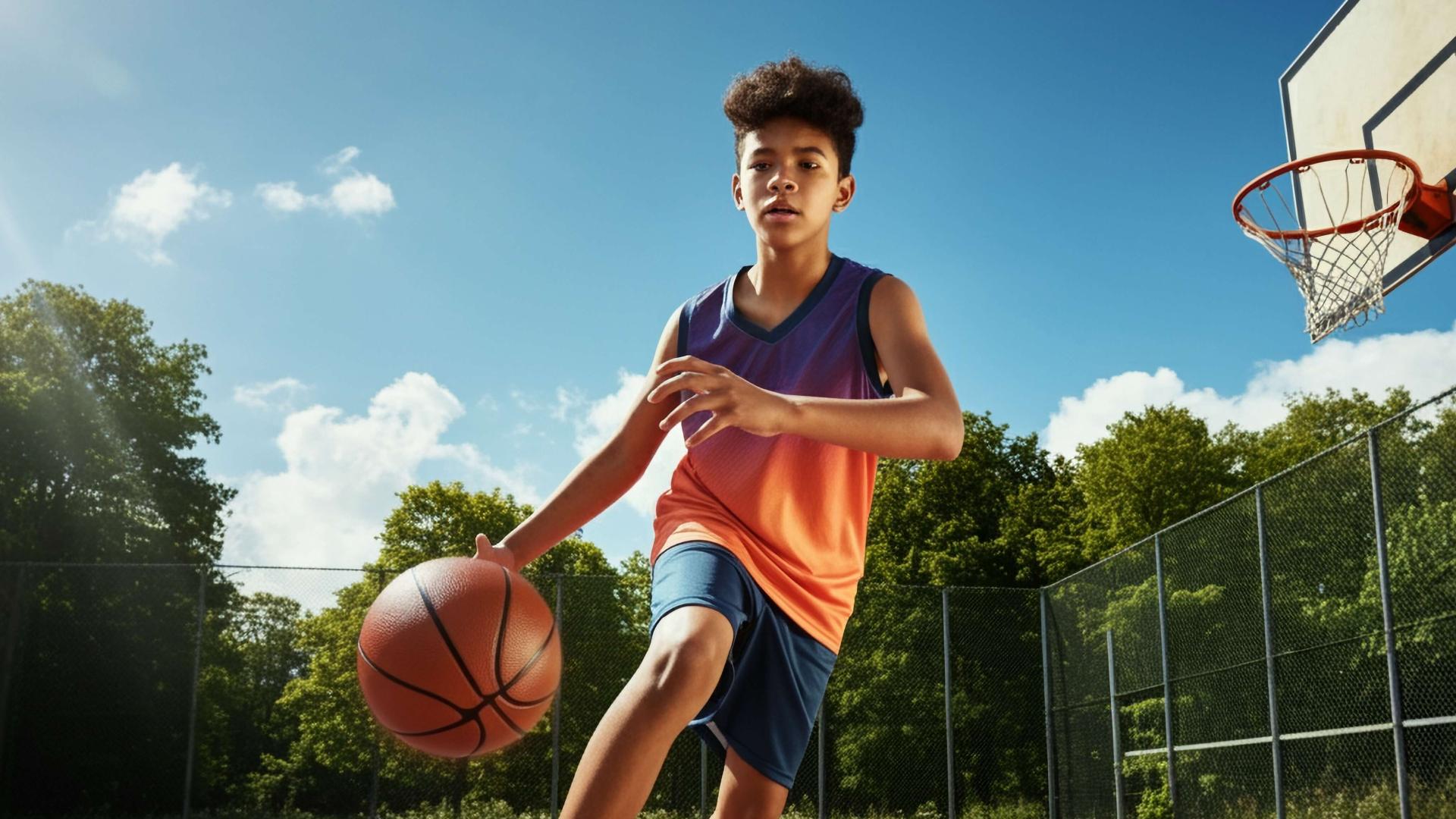 Young male bouncing a basketball in an open court