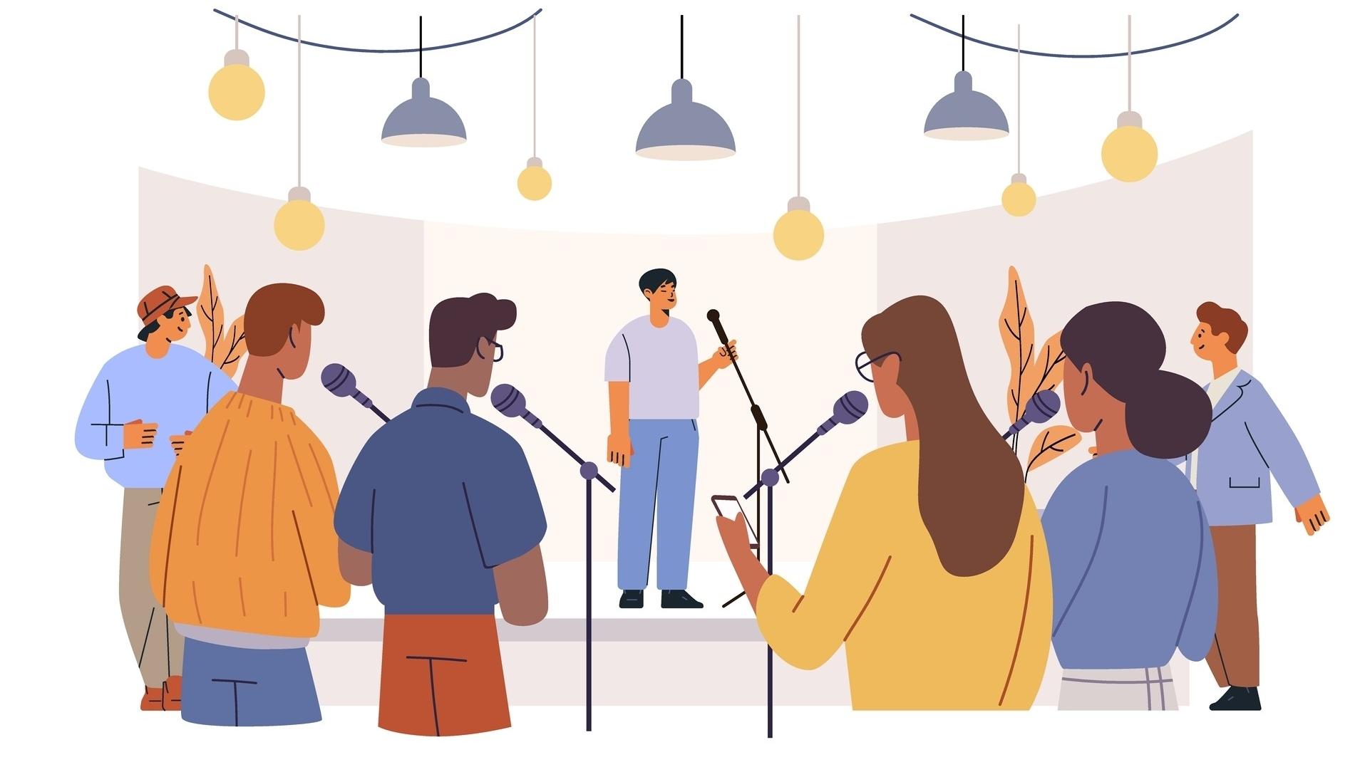 Young people gathered together sharing ideas and talking as an animated cartoon